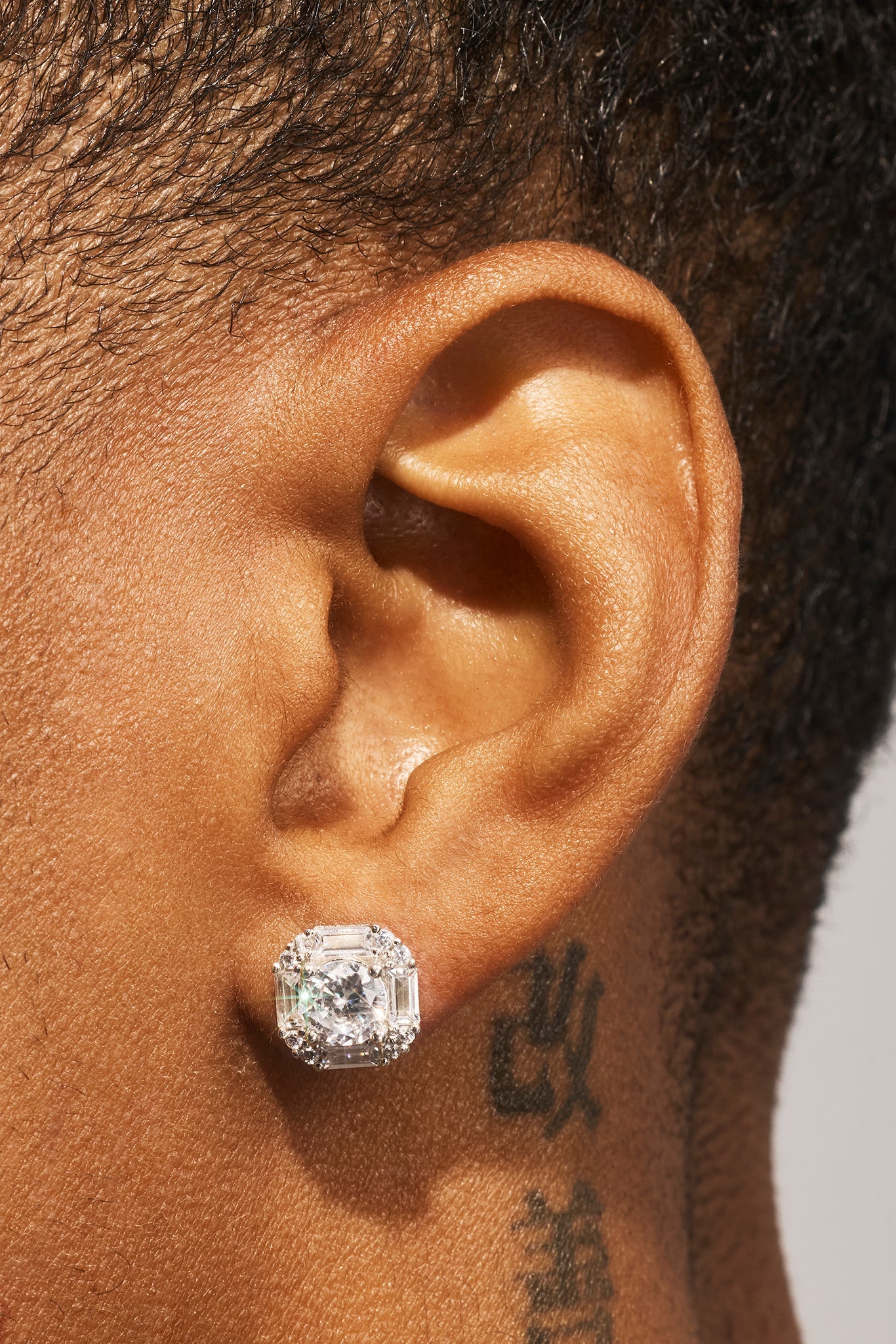 Iced CZ Baguette Square Stud Earrings - 10mm - White